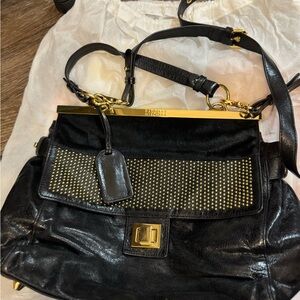 Badgley Mischka Holly Black Leather Shoulder Bag with Cow Hair Trim Gold Details